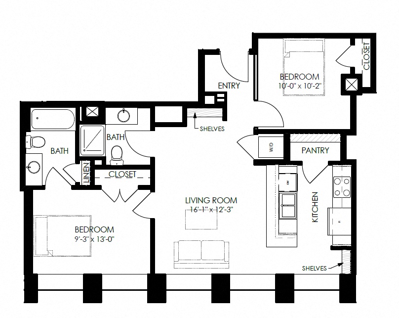 Floor plan for 2 beds, 2 baths, 919 sqft
